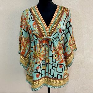 Hale Bob Silk Tunic Top S Blue Floral Geometric Kimono Bell Sleeve Empire Waist